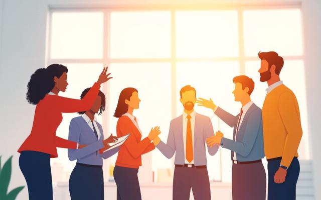 Illustration of diverse professionals collaborating, representing talent acquisition and recruitment.